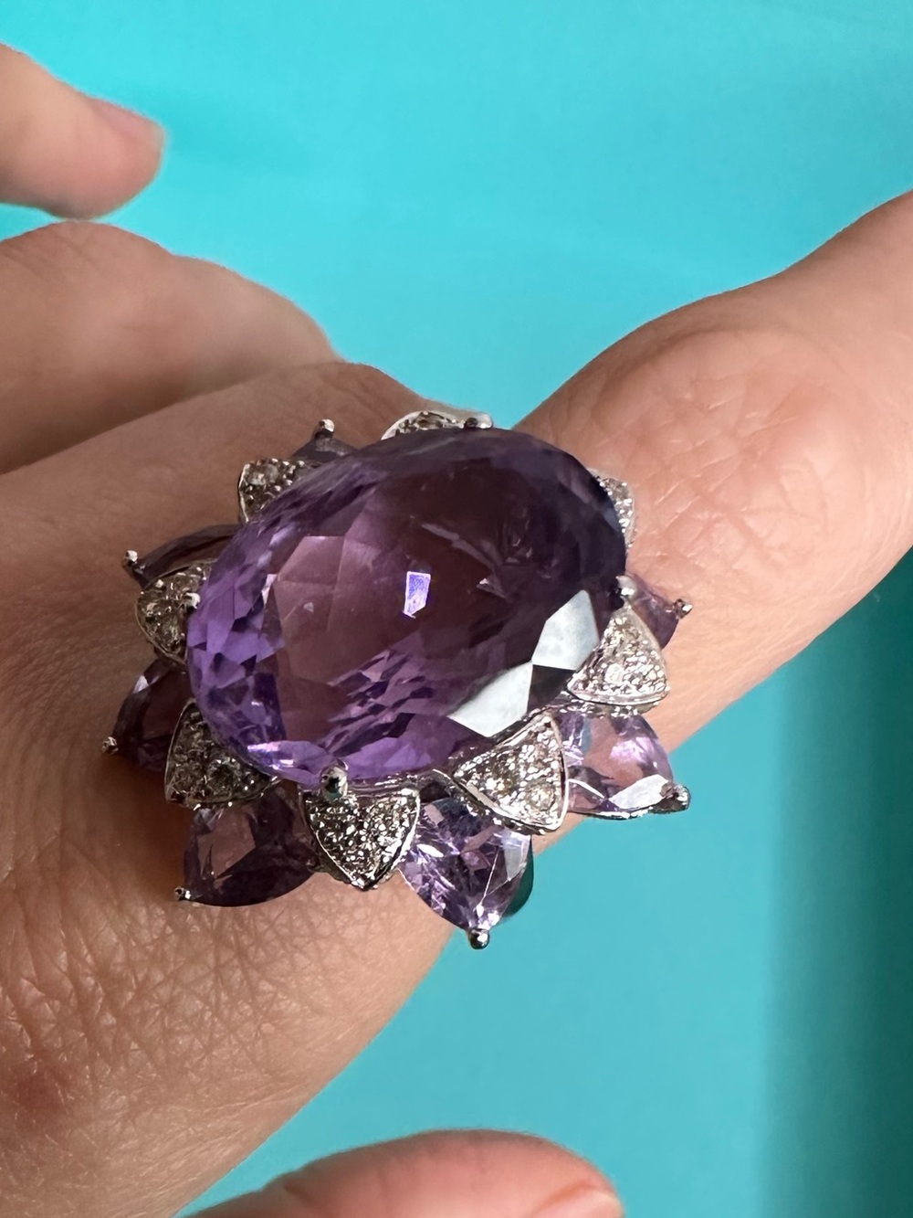 Estate 18k White Gold Vintage Purple Sapphire Diamond Trembler Ring